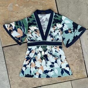 Teal Blue Floral V-neck Blouse
